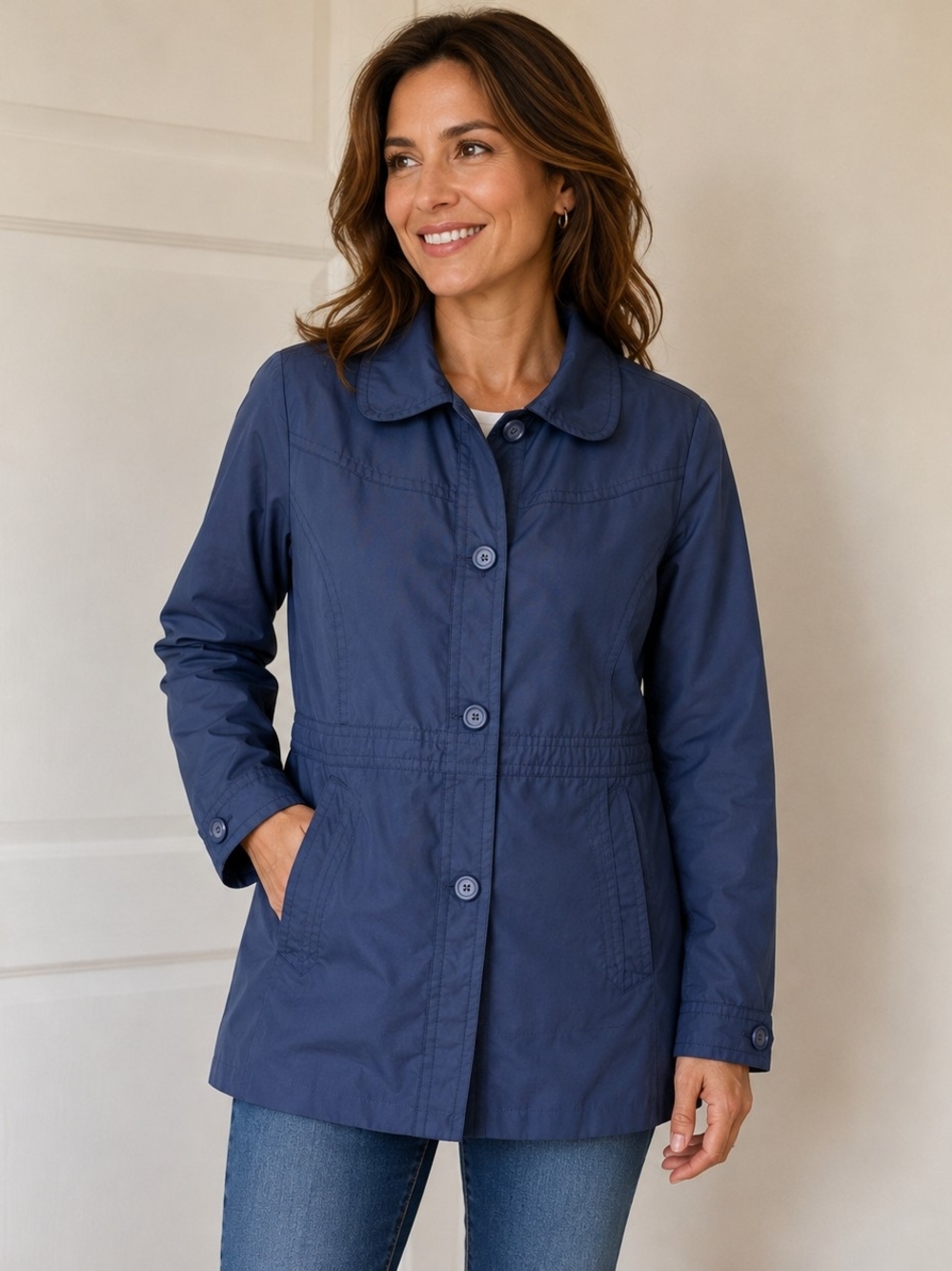 Totes Women's Navy Blue Lightweight Button-Front Trench Coat Houndstooth Lining